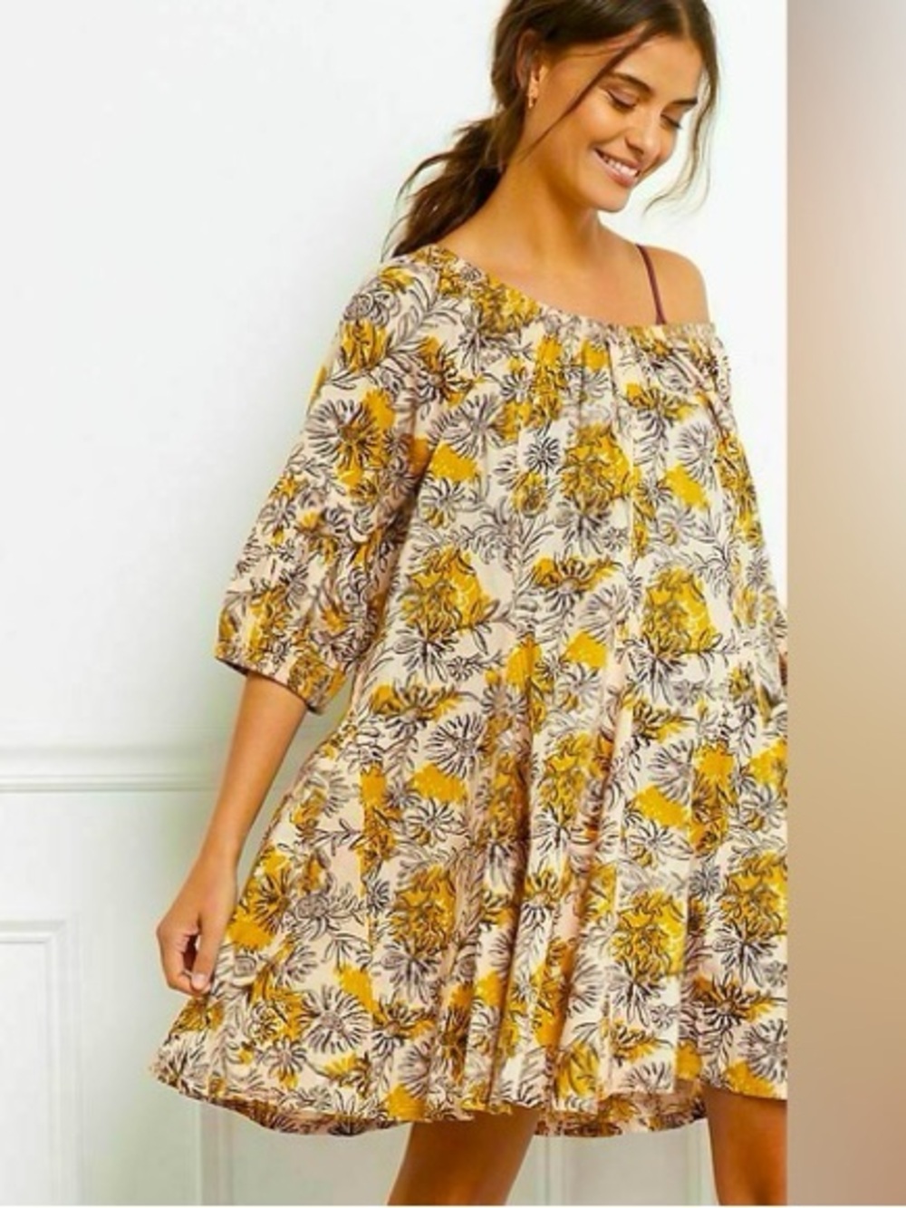 Anthropologie Daily Practice Mollie Tunic Dress Floral Yellow Pink SZ Small